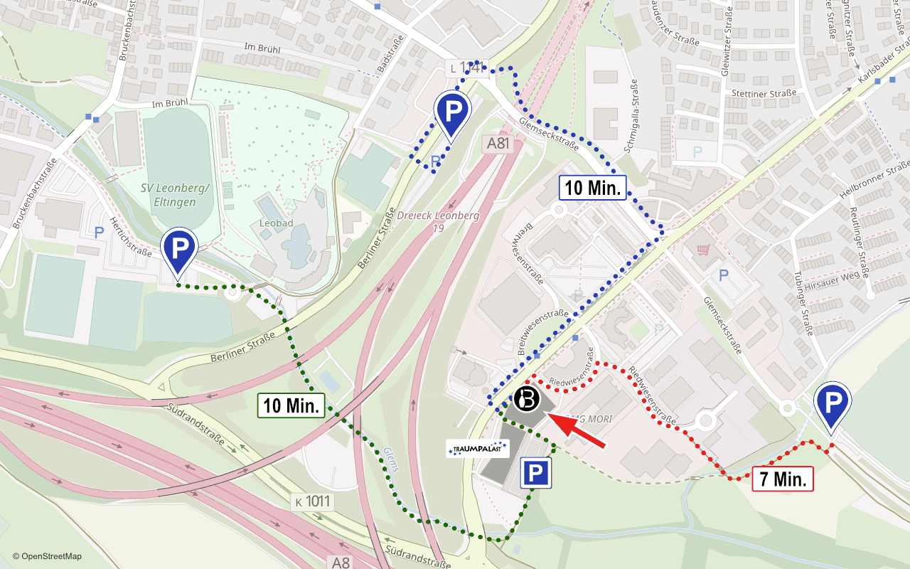 Ausweichparkplätze und ungefähre Gehzeiten rund um das BOWL & CO. in Leonberg Ausweichparkplätze und ungefähre Gehzeiten rund um das BOWL & CO. in Leonberg